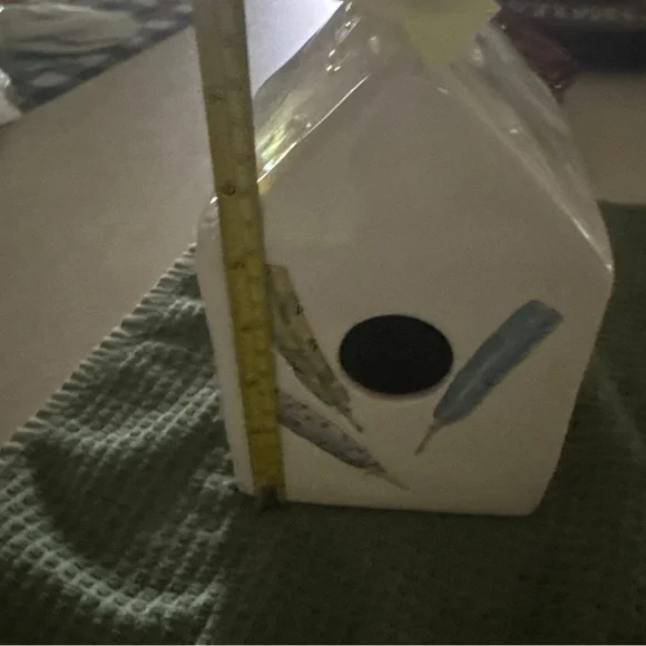 Rea Dunn Ceramic Birdhouse with Feather Design and Yellow Ribbon - Picture 7 of 9